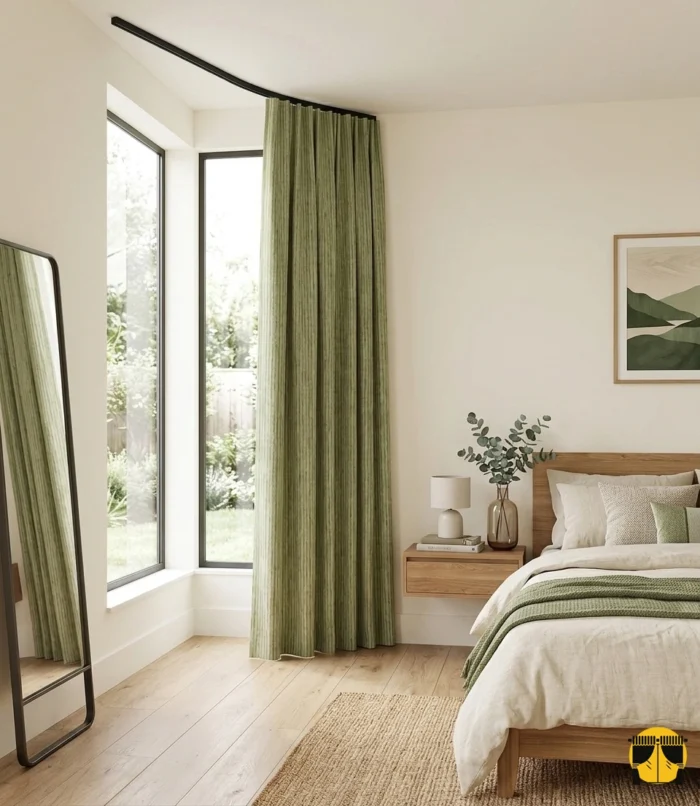 "Kırışmaya dayanıklı yapısı ve lüks jakar dokusuyla yatak odaları için ideal, ütü gerektirmeyen premium açık yeşil fon perde detayı."