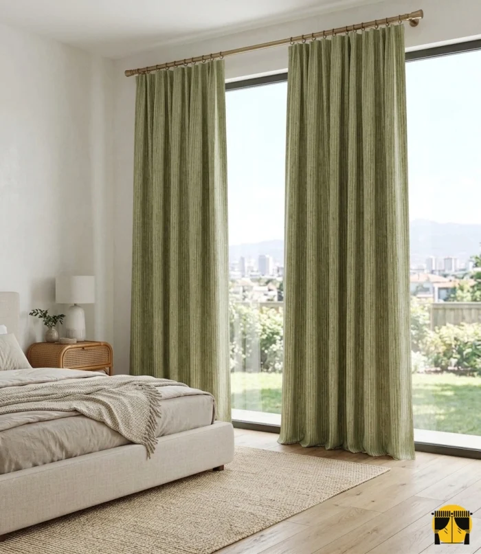 "Modern botanik dekorasyon anlayışına uygun, desenli yapısıyla odaya derinlik kazandıran kaliteli açık yeşil fon perde görseli."