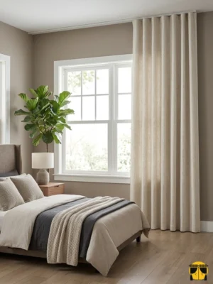 "Modern neoklasik dekorasyon anlayışına uygun, desenli yapısıyla odaya derinlik kazandıran kaliteli bej fon perde görseli."