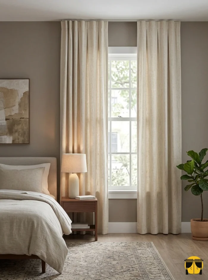 "Özel jakar dokuma teknolojisiyle üretilmiş bej fon perde kumaşının ışıkla değişen mikro desen yapısını sergileyen yakın plan çekimi."