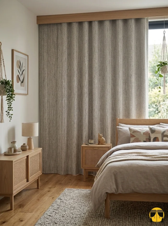 "Lante kum beji jakar fon perdenin mor çizgi desenleri ile yatak odasında yarattığı modern, ferah ve sofistike atmosfer."