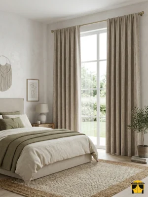 "Özel jakar dokuma teknolojisiyle üretilmiş kum beji zemin üzerine mor dikey çizgili fon perde kumaşının dokusunu sergileyen yakın plan çekimi."