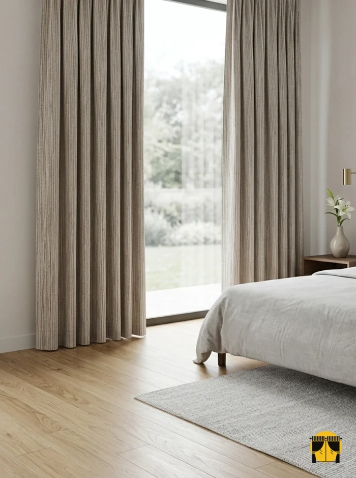 "Lante kum koyu bej jakar fon perdenin kendinden desenli dokusu ve sıcak tonunun yatak odasında yarattığı lüks ve huzurlu atmosfer."