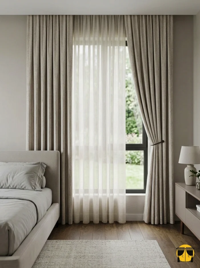 "Özel jakar dokuma teknolojisiyle üretilmiş koyu bej fon perde kumaşının ışıkla değişen mikro desen yapısını sergileyen yakın plan."