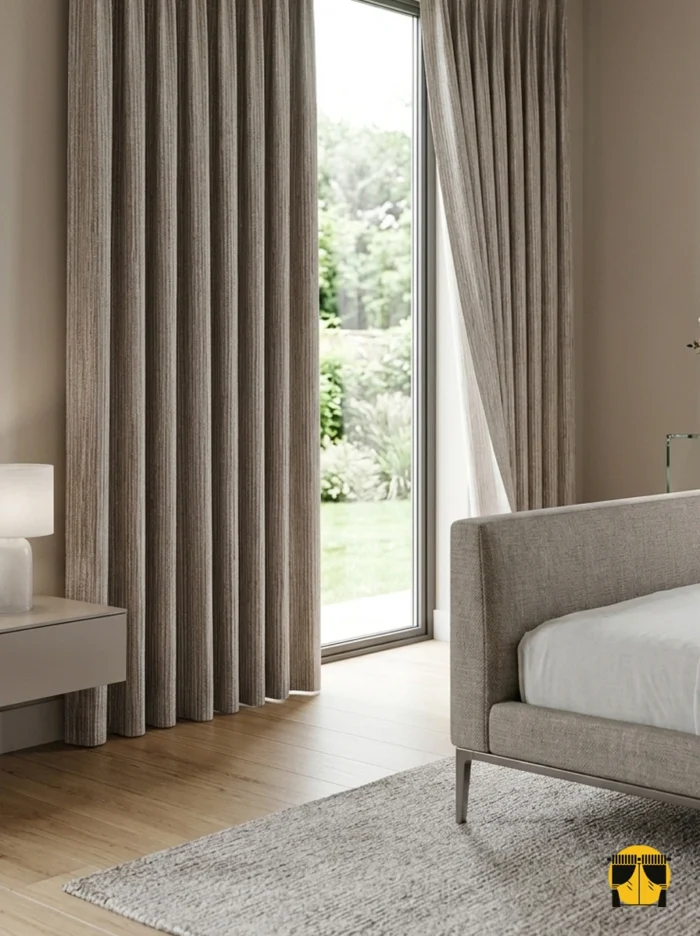 "Ceviz mobilyalar ve altın detaylarla dekore edilmiş modern bir yatak odasında, pencerelere asalet katan Lante koyu bej fon perde."