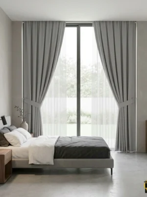 "Kırışmaya dayanıklı yapısı ve nefes alan kaliteli keten dokusuyla yatak odaları için ideal, ütü gerektirmeyen premium gri fon perde detayı."