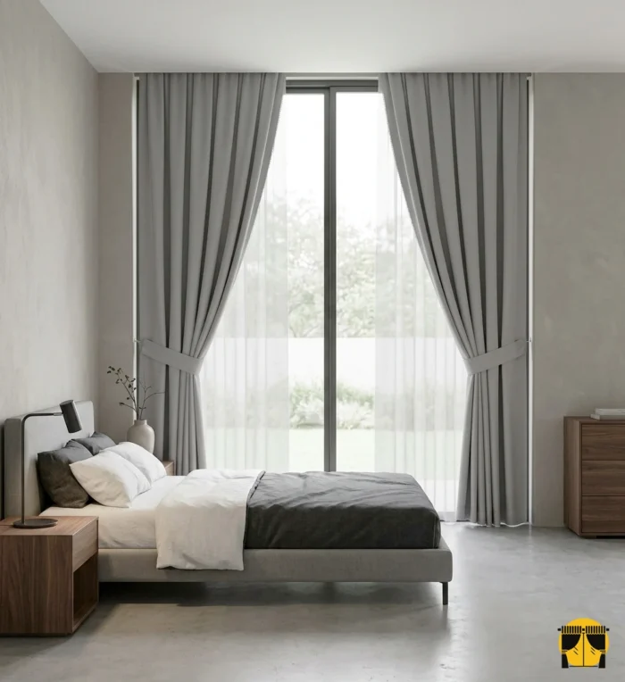 "Kırışmaya dayanıklı yapısı ve nefes alan kaliteli keten dokusuyla yatak odaları için ideal, ütü gerektirmeyen premium gri fon perde detayı."