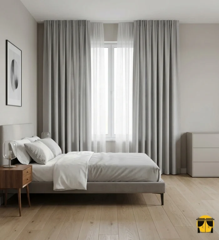 "Beyaz keten tüllerle kombinlenmiş, ağır dökümü sayesinde mimari bir sütun gibi duran gümüş gri fon perde uygulaması."