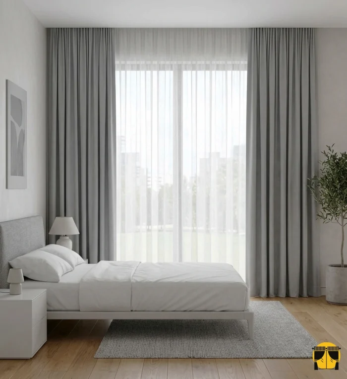 "Krom detaylar ve beyaz nevresimlerle dekore edilmiş modern bir yatak odasında, pencerelere asalet katan Likya gümüş gri perde."