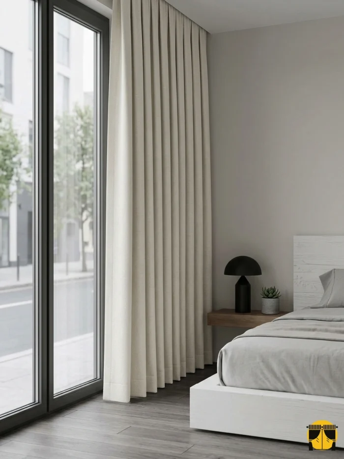 "Linda koyu krem hasır keten fon perdenin ham lifli dokusu ve sıcak tonunun yatak odasında yarattığı rustik ve huzurlu atmosfer."