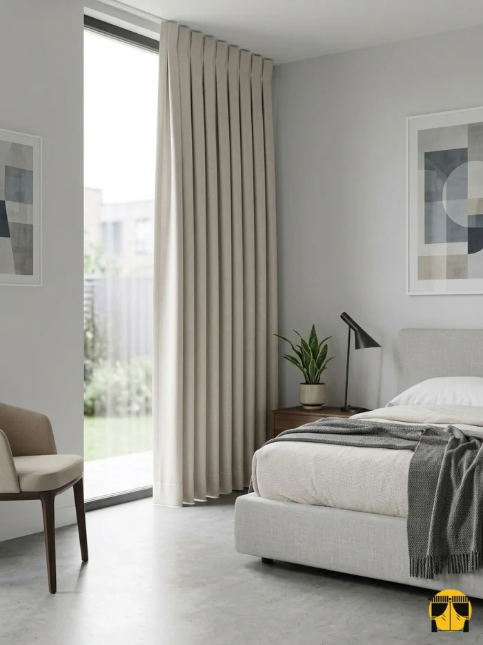 "Özel hasır dokuma teknolojisiyle üretilmiş koyu krem tonundaki dökümlü fon perde kumaşının mat yüzeyini ve doğal lif yapısını sergileyen yakın plan."