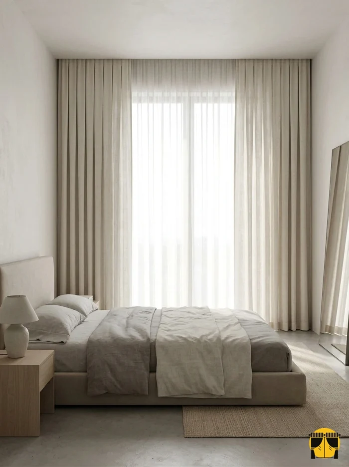 "Ahşap mobilyalar ve jüt halıyla dekore edilmiş modern bir yatak odasında, pencerelere doğal bir derinlik katan Linda koyu krem perde."