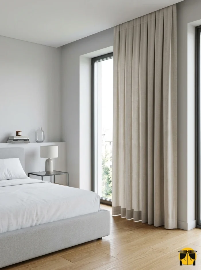 "Line koyu krem keten fon perdenin dikey lifli dokusu ve sıcak tonunun yatak odasında yarattığı modern, huzurlu ve ferah atmosfer."