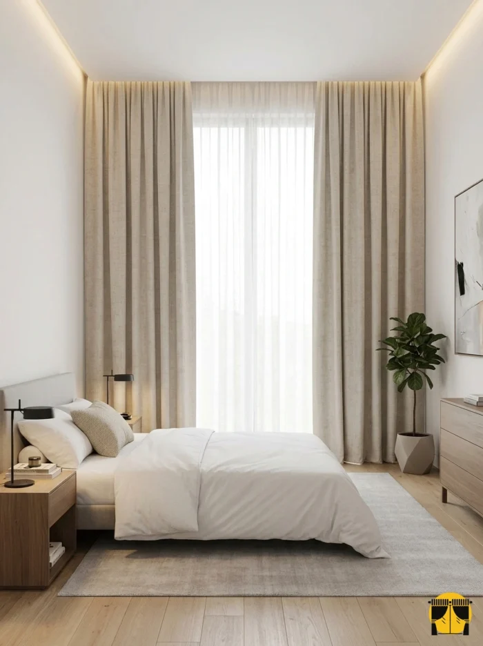 "Özel dokuma teknolojisiyle üretilmiş koyu krem fon perde kumaşının mat yüzeyini ve doğal keten hatlarını sergileyen yakın plan çekimi."