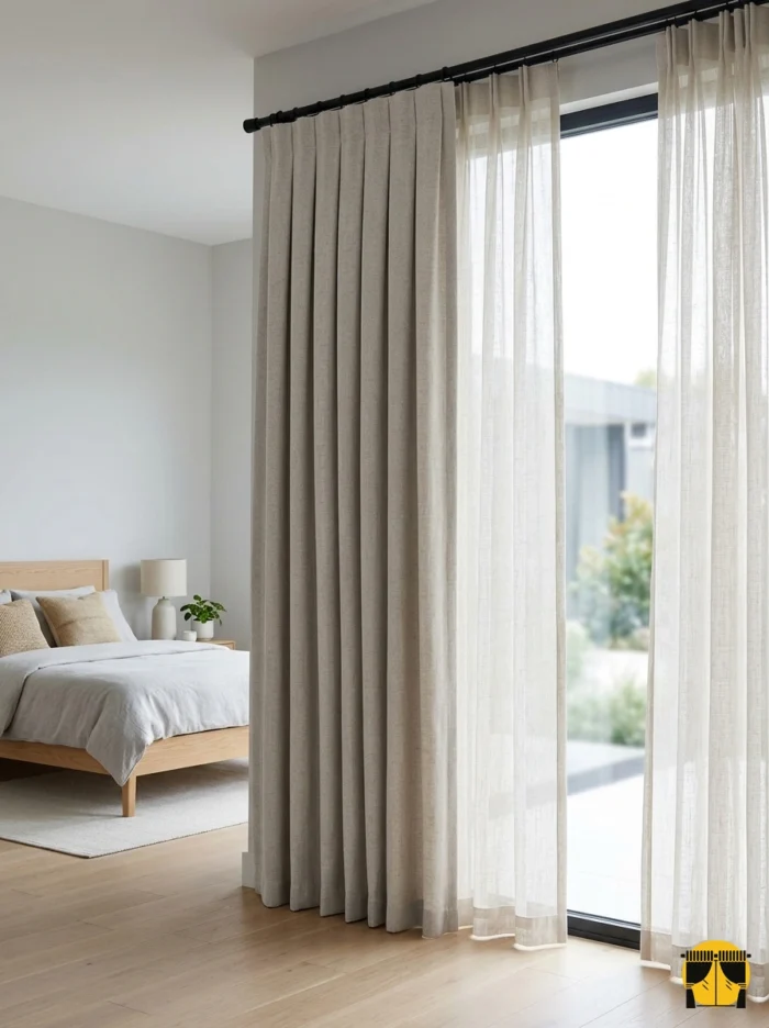 "Ahşap mobilyalar ve ekru tüllerle dekore edilmiş modern bir yatak odasında, pencerelere mimari bir düzen katan Line koyu krem perde."