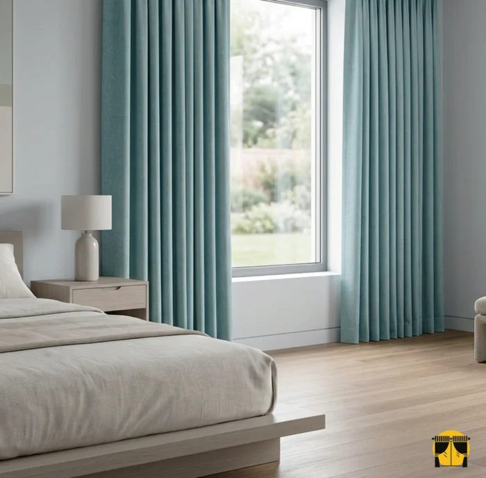 "Lives mint yeşili keten fon perdenin lifli dokusu ve pastel tonunun yatak odasında yarattığı modern, ferah ve huzurlu atmosfer."