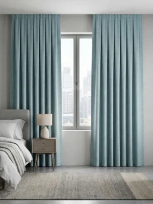 "Özel keten dokuma teknolojisiyle üretilmiş mint yeşili fon perde kumaşının mat yüzeyini ve doğal lif geçişlerini sergileyen yakın plan."