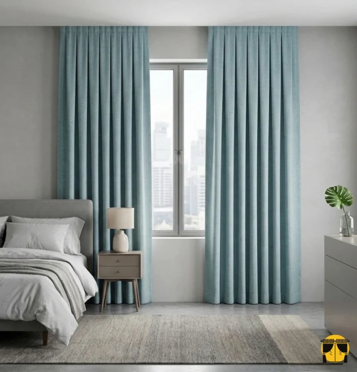 "Özel keten dokuma teknolojisiyle üretilmiş mint yeşili fon perde kumaşının mat yüzeyini ve doğal lif geçişlerini sergileyen yakın plan."