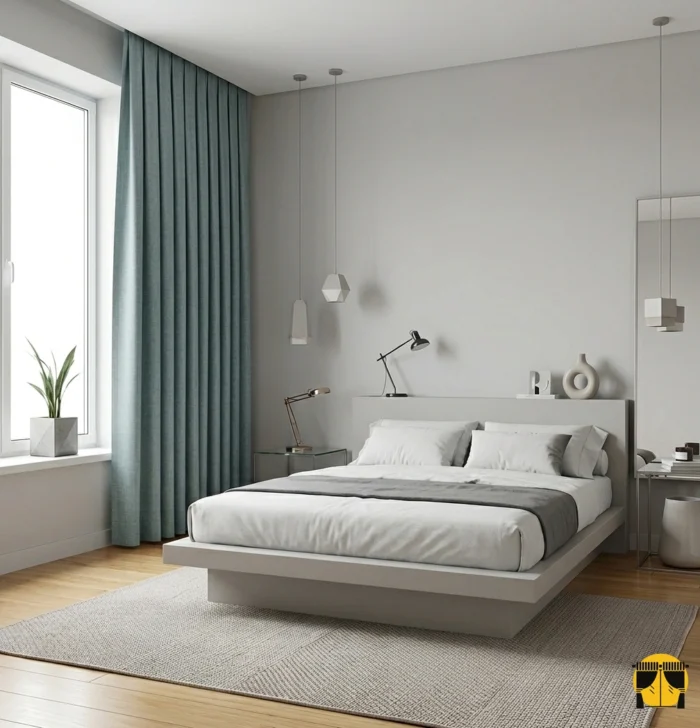 "Açık renk ahşap mobilyalar ve beyaz nevresimlerle dekore edilmiş modern bir yatak odasında, pencerelere botanik bir ferahlık katan mint yeşili perde."