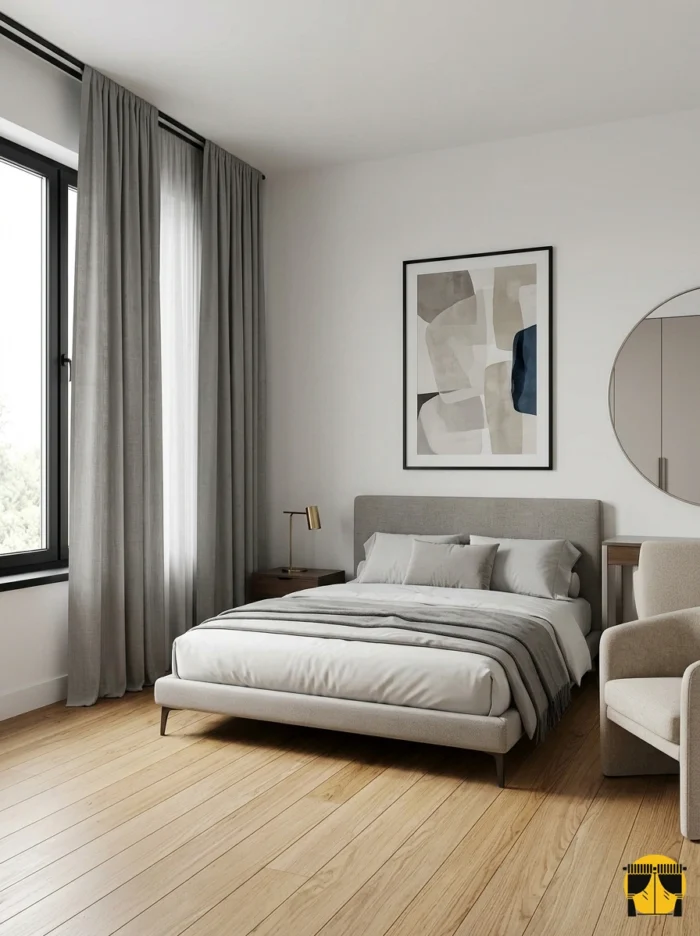 "Otto sütlükahve ince dokulu fon perdenin yarattığı modern, sıcak ve huzurlu yatak odası atmosferi."