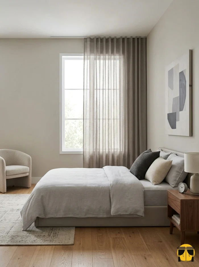 "Geniş balkon pencerelerinde tavandan yere kadar uzanan, odayı daha yüksek ve modern gösteren sık pileli sütlükahve fon perde tasarımı."