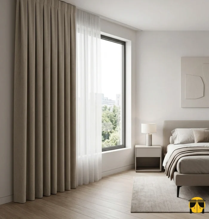 "Patara sütlükahve keten fon perdenin ham lifli dokusu ve sıcak tonunun yatak odasında yarattığı rüstik ve huzurlu atmosfer."