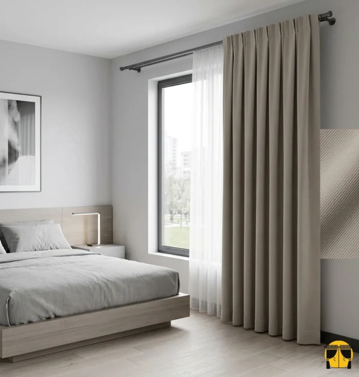 "Özel keten dokuma teknolojisiyle üretilmiş sütlükahve fon perde kumaşının mat yüzeyini ve doğal lif düğümlerini sergileyen yakın plan."