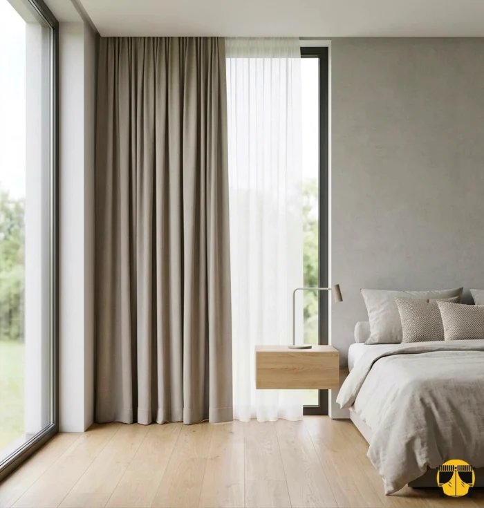 "Ahşap mobilyalar ve ekru tüllerle dekore edilmiş modern bir yatak odasında, pencerelere asalet katan Patara sütlükahve keten perde."