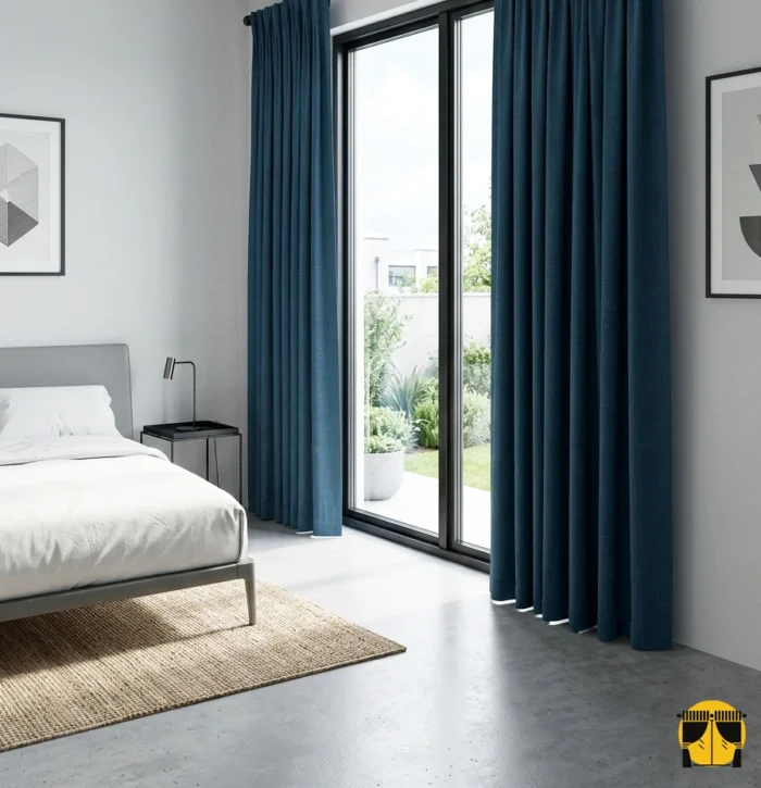 "Özel kadife dokuma teknolojisiyle üretilmiş lacivert fon perde kumaşının mat yüzeyini ve yumuşak tuşesini sergileyen yakın plan."
