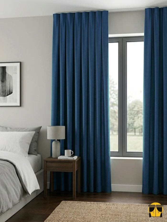 "Ceviz mobilyalar ve gold detaylarla dekore edilmiş modern bir yatak odasında, pencerelere asalet katan Pia lacivert fon perde."