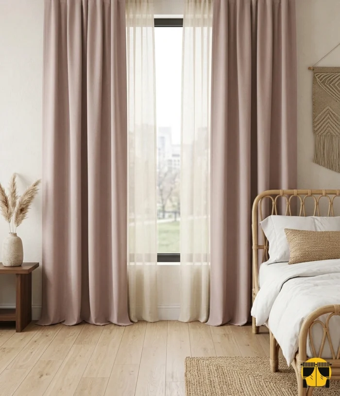 "Polvere pudra fon perdenin dökümlü dokusu ve pastel tonunun yatak odasında yarattığı romantik, huzurlu ve ferah atmosfer."