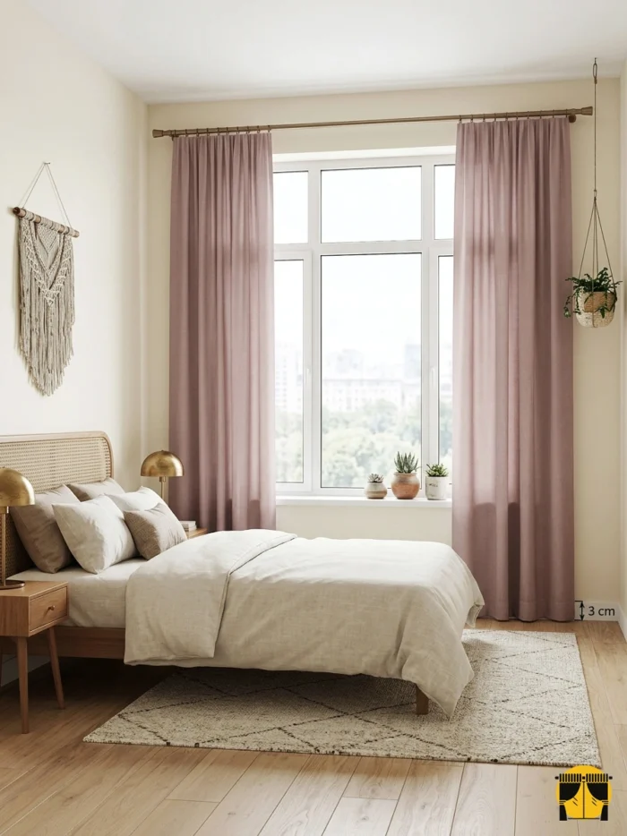 "Özel dokuma teknolojisiyle üretilmiş pudra pembe fon perde kumaşının mat yüzeyini ve akışkan yapısını sergileyen yakın plan."