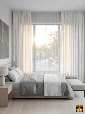 "Kırışmaya dayanıklı yapısı ve nefes alan kaliteli keten dokusuyla yatak odaları için ideal, ütü gerektirmeyen premium beyaz fon perde detayı."