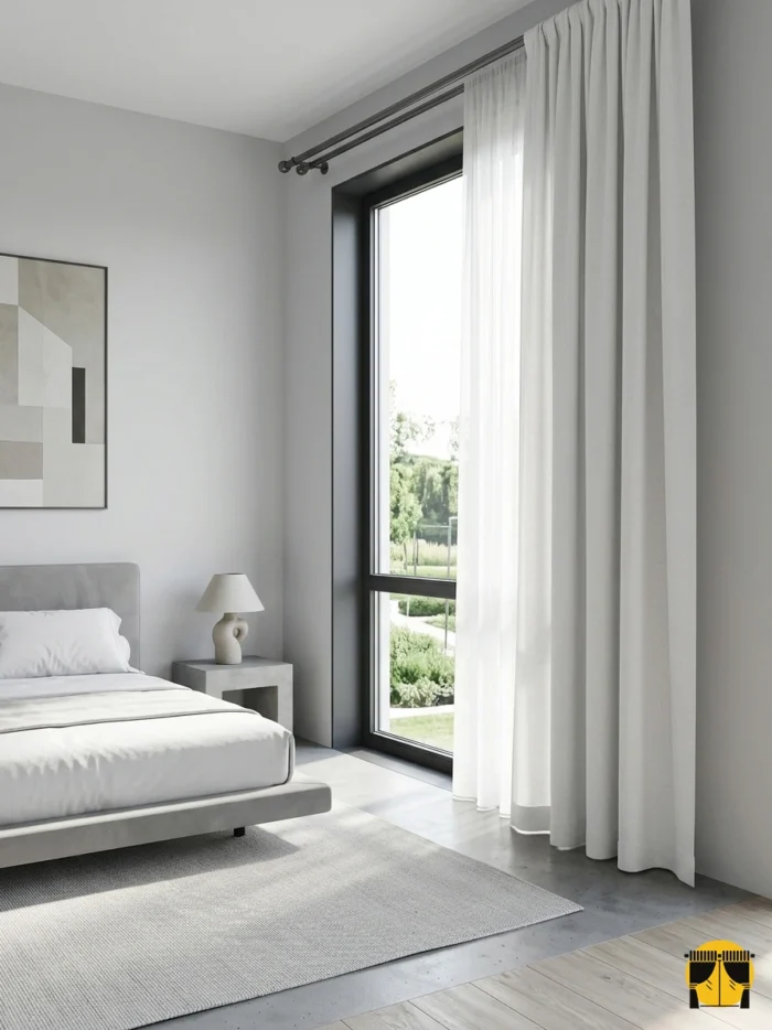 "Antrasit tüllerle kombinlenmiş, ağır dökümü sayesinde mimari bir sütun gibi duran dökümlü beyaz fon perde uygulaması."