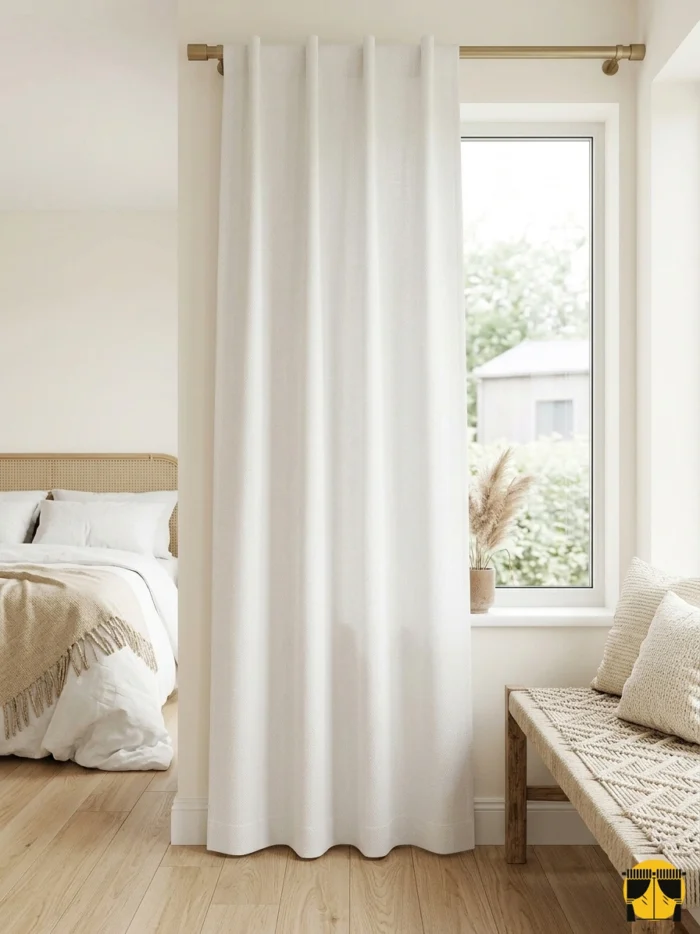 "Ahşap mobilyalar ve gri detaylarla dekore edilmiş modern bir yatak odasında, pencerelere aydınlık katan Sardes beyaz keten perde."