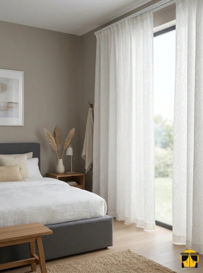 "Traverten kabartma desenli krem fon perdenin üç boyutlu dokusu ve sıcak tonunun yatak odasında yarattığı lüks, mimari ve huzurlu atmosfer."