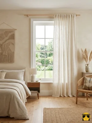 "Özel kabartma teknolojisiyle üretilmiş krem fon perde üzerindeki traverten taş efektini ve dolgun kumaş yapısını sergileyen yakın plan çekimi."