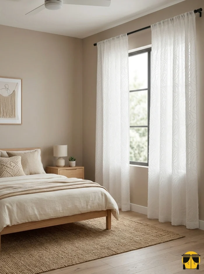 "Vizon mobilyalar ve gold detaylarla dekore edilmiş modern bir yatak odasında, pencerelere derinlik katan traverten desenli krem perde."