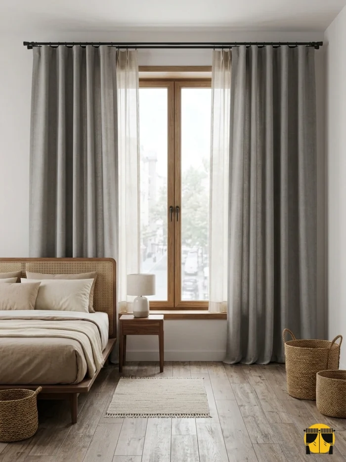 "Vintos hasır keten gri fon perdenin çapraz lifli dokusu ve nötr tonunun yatak odasında yarattığı modern, huzurlu ve rüstik atmosfer."