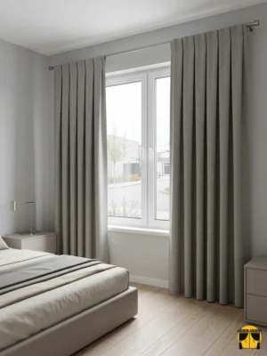 "Özel hasır dokuma teknolojisiyle üretilmiş gri tonundaki keten fon perde kumaşının mat yüzeyini ve doğal lif yapısını sergileyen yakın plan."