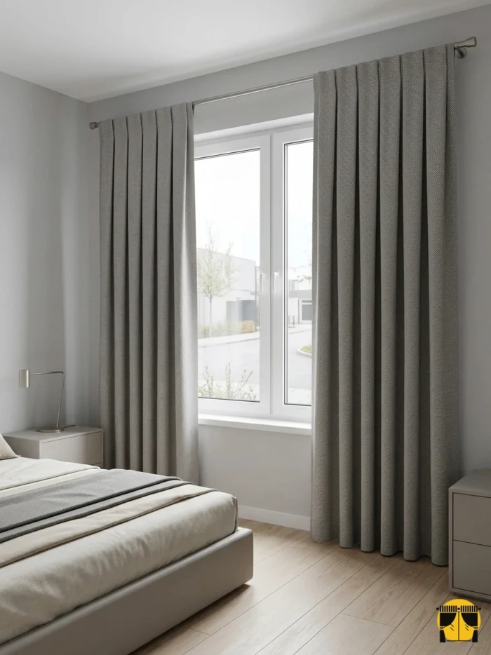 "Özel hasır dokuma teknolojisiyle üretilmiş gri tonundaki keten fon perde kumaşının mat yüzeyini ve doğal lif yapısını sergileyen yakın plan."