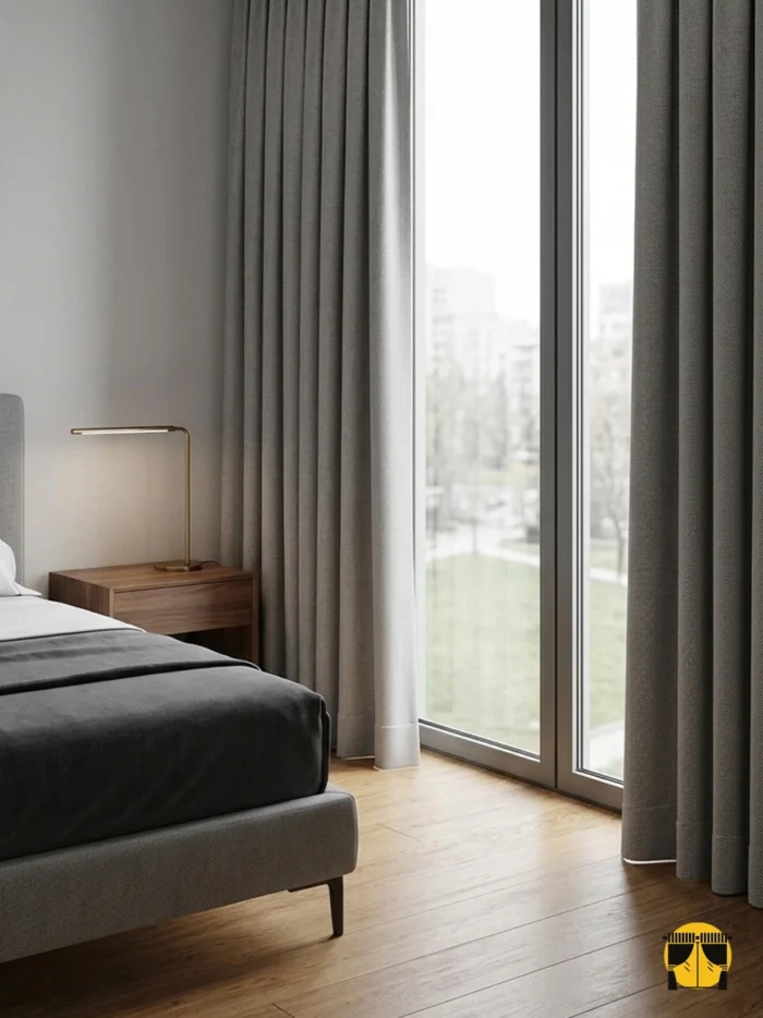"Antrasit detaylar ve beyaz nevresimlerle dekore edilmiş modern bir yatak odasında, pencerelere dokusal zenginlik katan gri hasır keten perde."