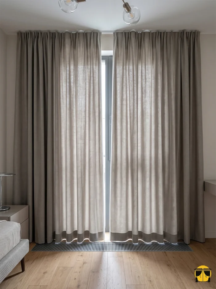 "Ekru keten tüllerle kombinlenmiş, ağır dökümü sayesinde mimari bir sütun gibi kusursuz inen bej keten fon perde uygulaması."