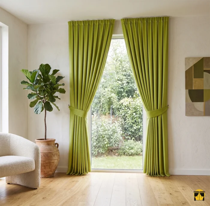 "Viva fıstık yeşili parlak saten fon perdenin ipeksi dokusu ve kristal parlaklığının salon dekorasyonuna kattığı enerjik ve lüks atmosfer."