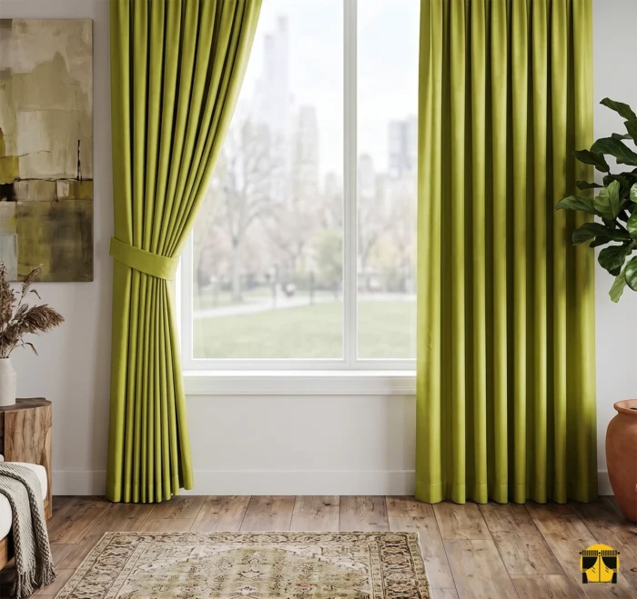 "Yüksek kaliteli saten dokuma teknolojisiyle üretilmiş fıstık yeşili tonundaki akışkan fon perde kumaşını ve parlak yüzeyini sergileyen yakın plan."