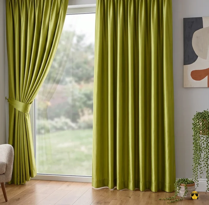 "Modern bir salonda antrasit mobilyalarla kombinlenmiş, pencerelere ışıltı ve canlılık katan fıstık yeşili saten fon perde tasarımı."