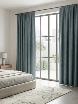 "Denim mavi fon perdenin karakteristik dokusu ve indigo tonlarının yatak odasında yarattığı modern ve huzurlu atmosfer."