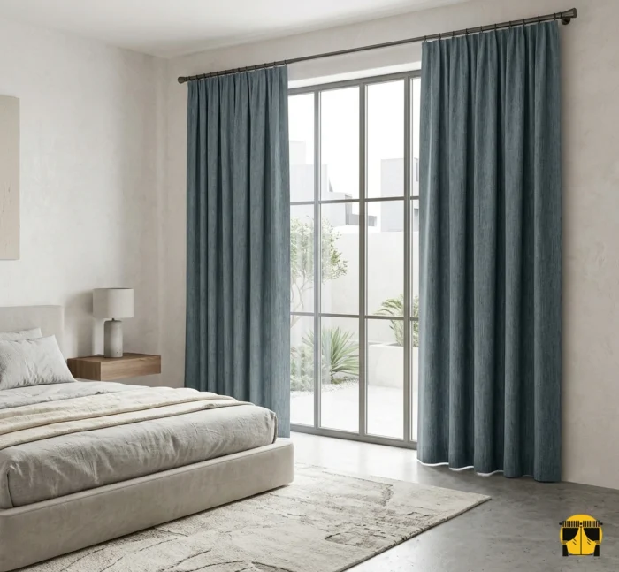 "Denim mavi fon perdenin karakteristik dokusu ve indigo tonlarının yatak odasında yarattığı modern ve huzurlu atmosfer."