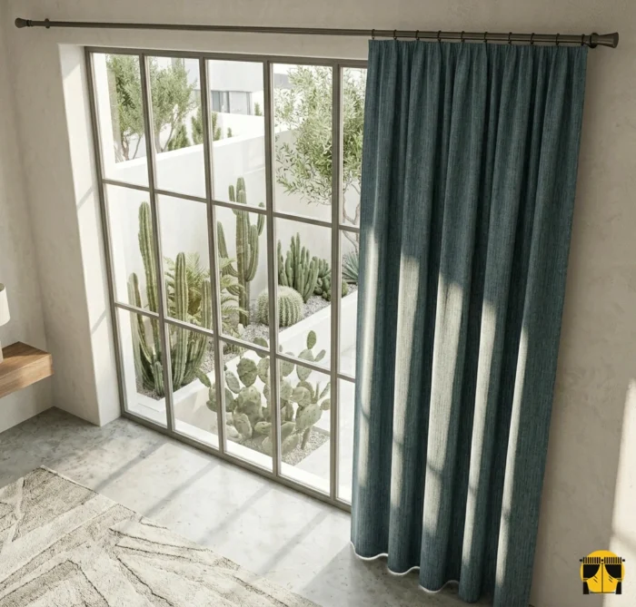 "Özel denim dokuma teknolojisiyle üretilmiş mavi tonundaki yüksek kaliteli fon perde kumaşını ve kırçıllı yüzeyini sergileyen yakın plan."