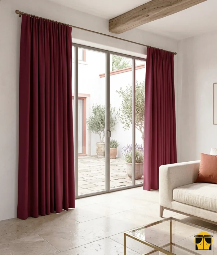 "Kırışmaya dayanıklı yapısı ve ütü gerektirmeyen soft dokusuyla evler için ideal, premium Gironde bordo perde detayı."